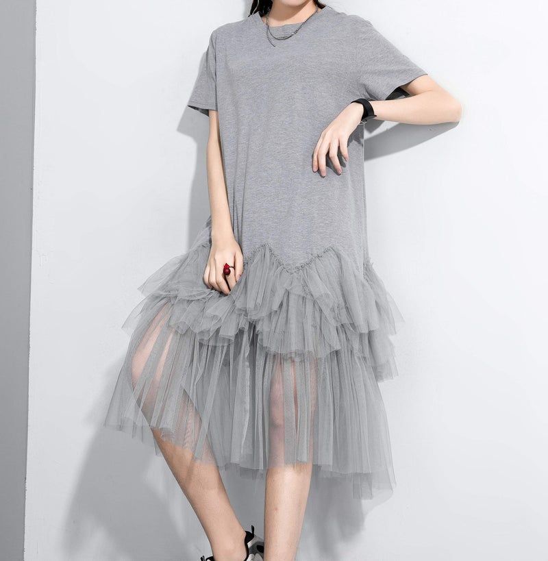 ellazhu Women's Casual Short Sleeve Crew Neck Tutu Tulle Dress with an Oversized Fit GY2266 Grey - Image 5